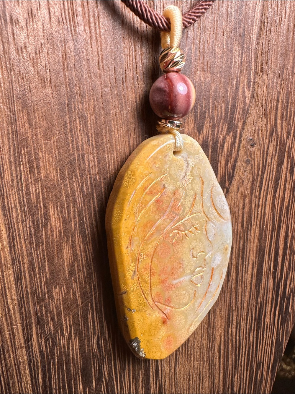 Coral Fossil Lady Profile Pendant Necklace on Brown Rope - Picture 11 of 14